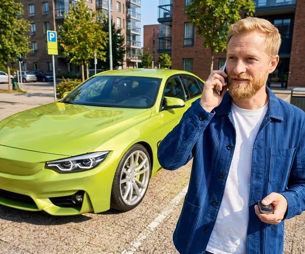 Man staat bellend naast een kanlgele auto met een autosleutel in zijn hand. 